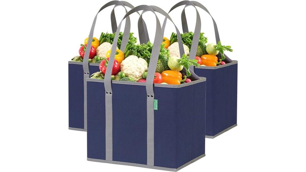 three reusable grocery bags